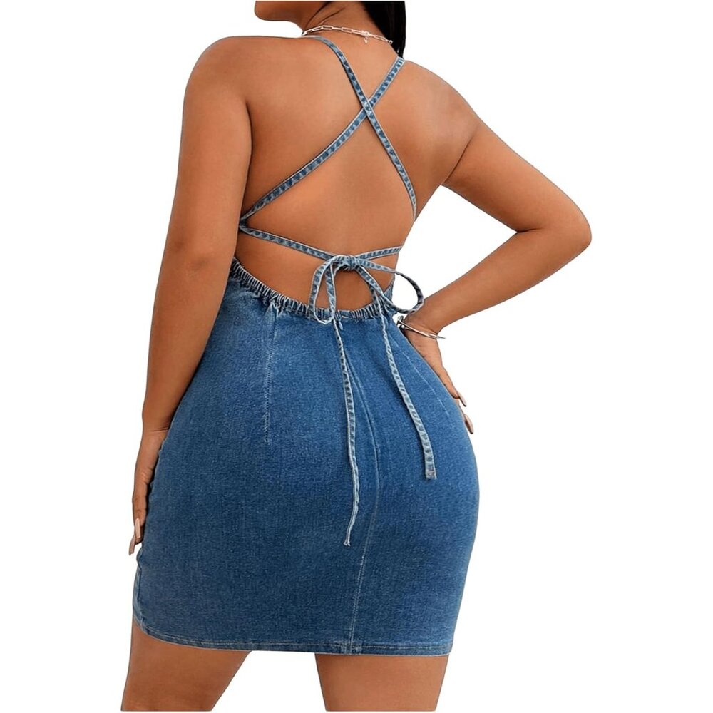 Women's Denim Cami Dress Backless Criss Cross Halter Bodycon Mini Stylish